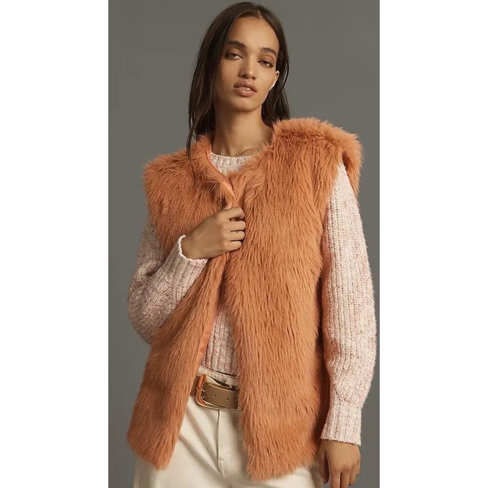 Anthropologie Midi Vest Women Peach Faux Fur Holiday Preppy Boho One Size NWT